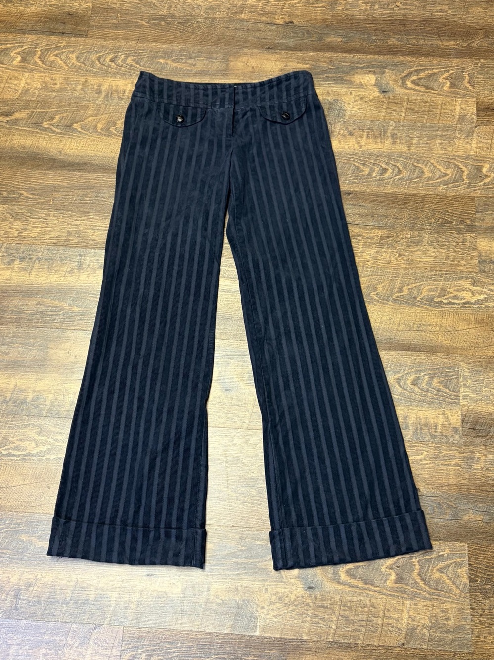 Trina Turk Wide Leg Pants Womens 8 Black Corduroy Stripe Cuffed Low Rise